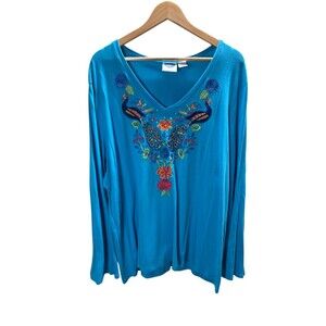 Diane Gilman Top Women's Size 3X Blue Floral Peacock Embroidery